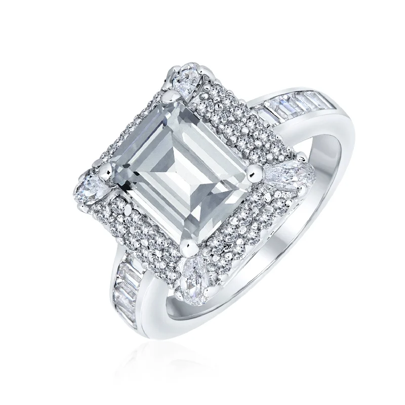 engagement-unique-silver-rings-Classic 4CTW Emerald Cut CZ Halo Engagement Ring in Sterling Silver Pave Band