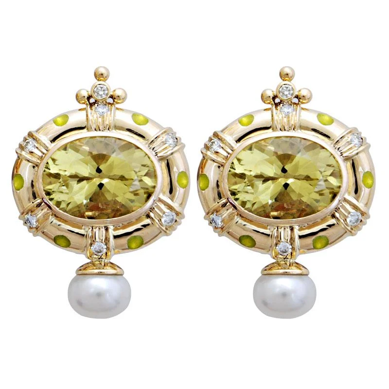 ladies-hook-rose-gold-earrings-Earrings-Lemon Quartz, Pearl and Diamond (Enamel)  (1776B)