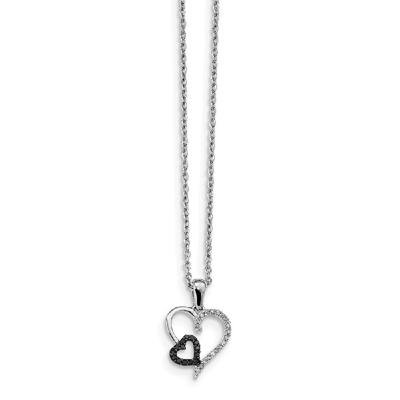 Ladies necklaces with frost opal -Black & White Diamond 13mm Double Heart Necklace in Sterling Silver